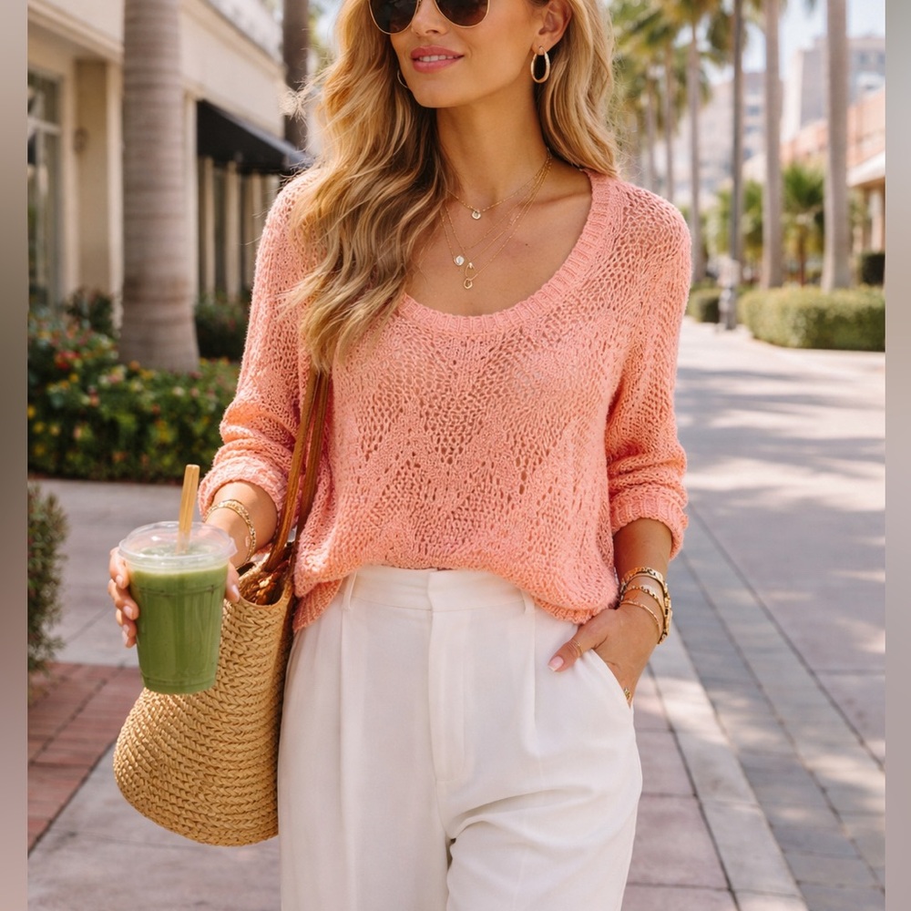 Pink Rose Peach Coral Sweater, M/L